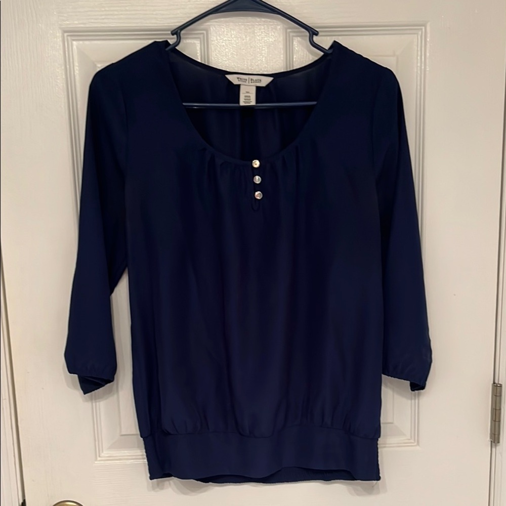 White House Black Market Blue Blouse with 3/4 Sleeves and Relaxed Fit